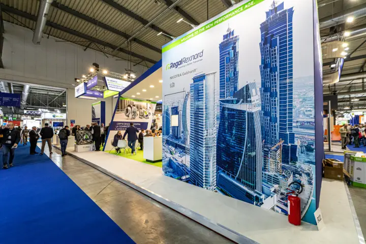 Regal Rexnord stand wall with skyscraper graphic and Nicotra Gebhardt branding
