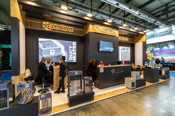 Resterm stand with electric duct heaters and backlit logos