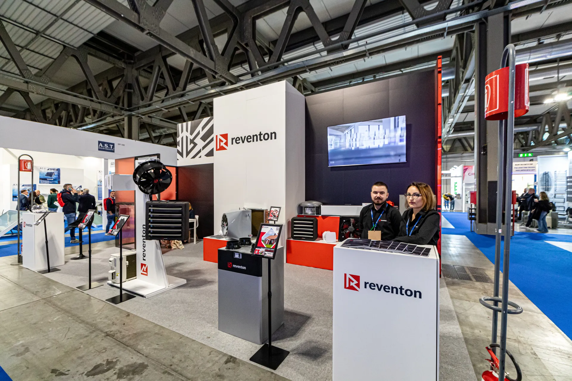 Reventon reception counter with unit heaters and axial fan display at MCE 2024