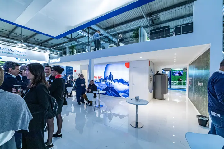 Rhoss two-storey stand with glass-railed upper meeting deck at MCE 2024