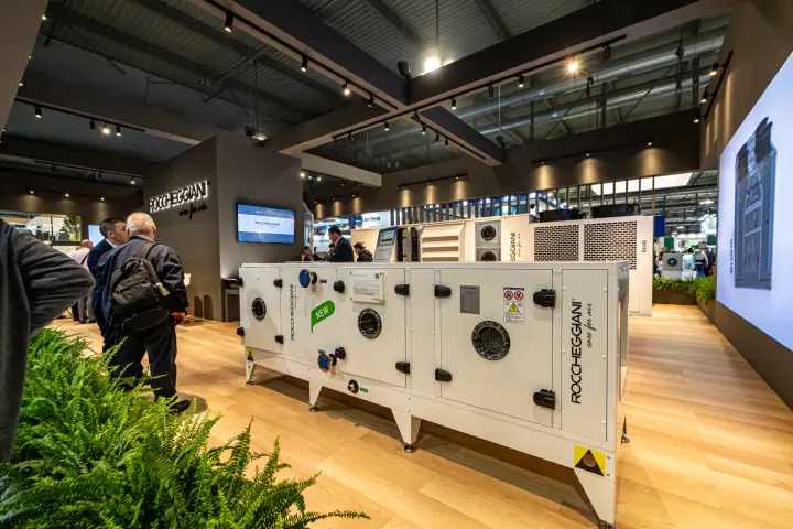 Roccheggiani air handling unit tagged NEW on a wood-floored stand at MCE 2024