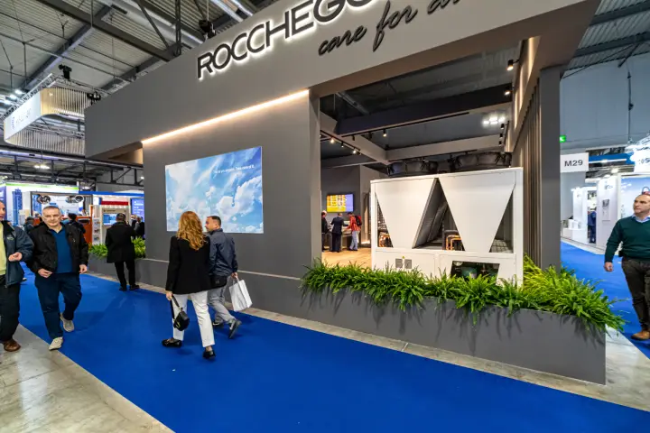 Roccheggiani stand with an air-cooled unit behind a fern planter at MCE 2024