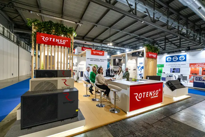 Rotenso reception counter with heat pump outdoor units in front