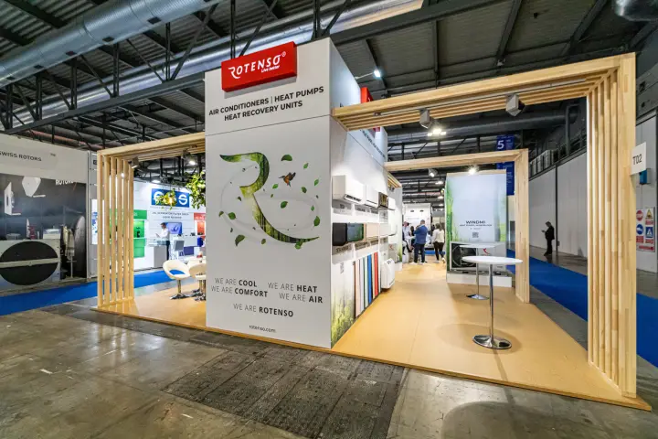 Rotenso stand with timber frames and wall of air conditioner units at MCE 2024