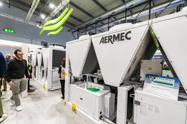 Row of Aermec air-cooled chillers with Eurovent certification sign at MCE 2024