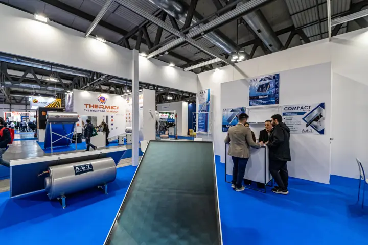 A.S.T. Solar Industry stand with flat solar collector and storage tank
