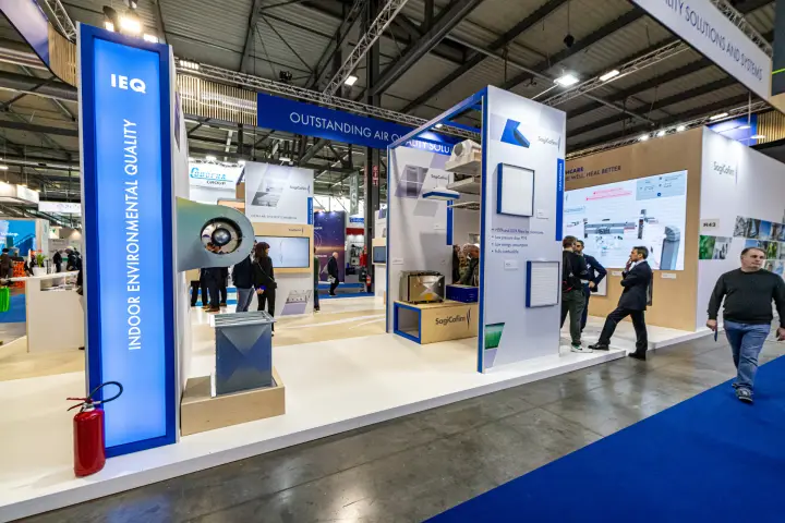 SagiCofim stand with HEPA filter displays and Indoor Environmental Quality column at MCE 2024