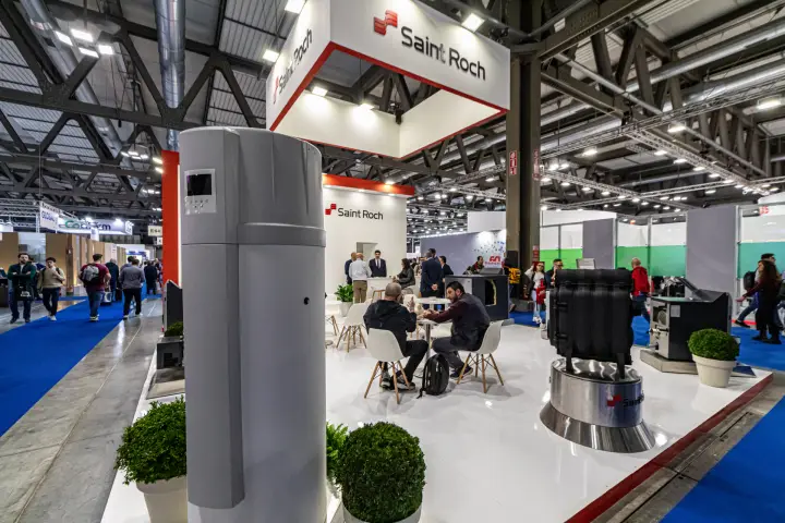Saint Roch stand with a heat pump water heater and cast-iron boiler section at MCE 2024