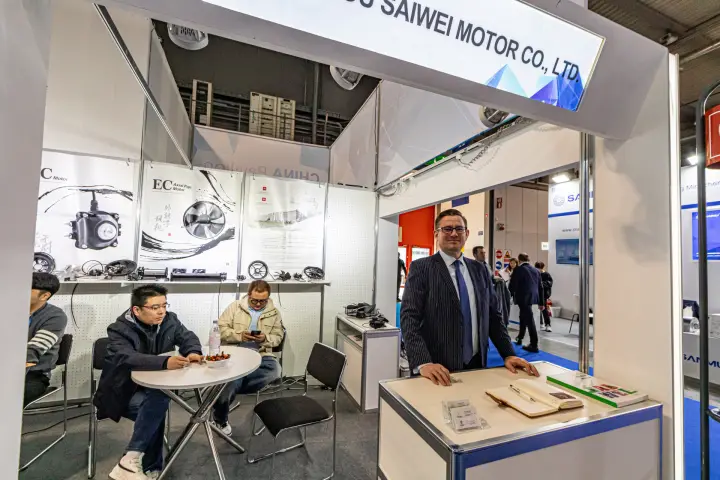 Saiwei counter with catalogue and EC axial fan motor poster at MCE 2024