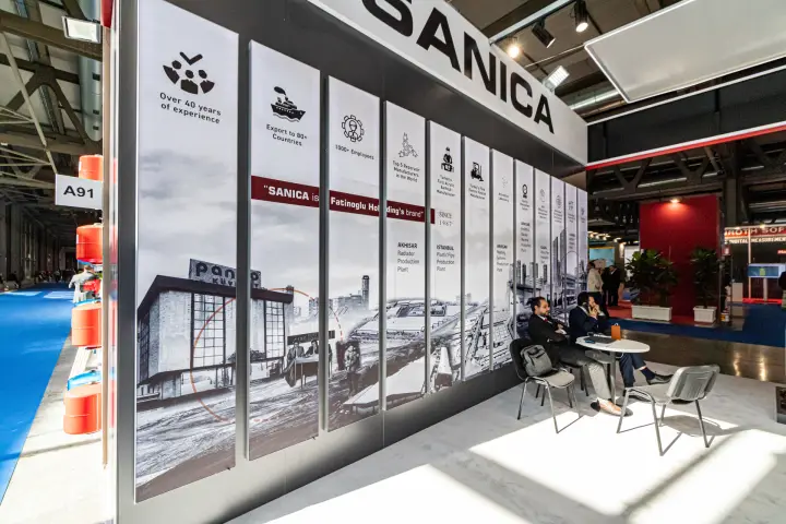 Sanica company history wall with production plant panels