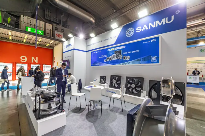 Sanmu stand B03 with plug fan impellers beside the Hall 9N entrance at MCE 2024