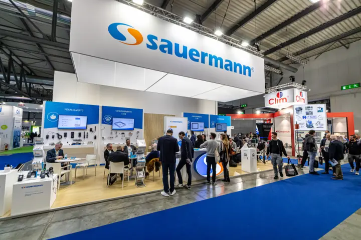 Sauermann stand under a large suspended logo box at MCE 2024