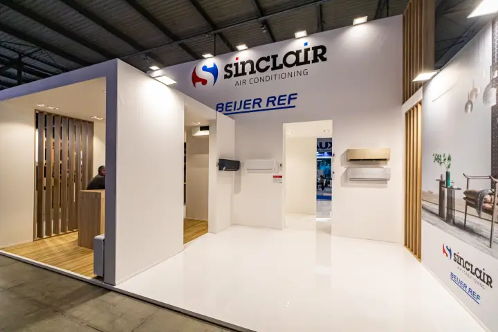 Sinclair Air Conditioning and Beijer Ref stand with wall-mounted split units at MCE 2024