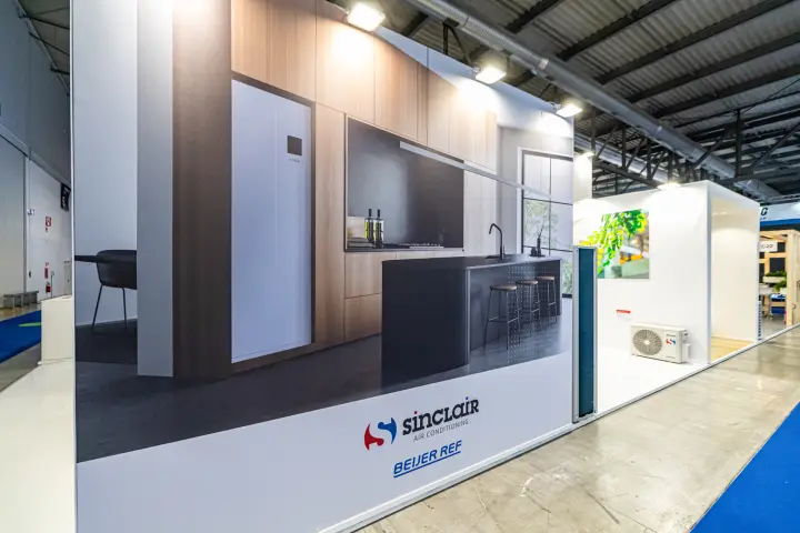 Sinclair and Beijer Ref outer wall with kitchen graphic and outdoor split unit at MCE 2024