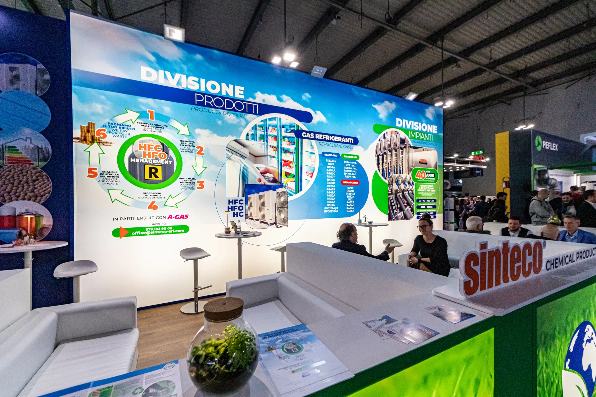 Sinteco lounge with refrigerant waste management cycle on the back wall at MCE 2024