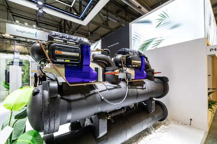 Smardt chiller with twin Turbocor oil-free compressors on white pebbles