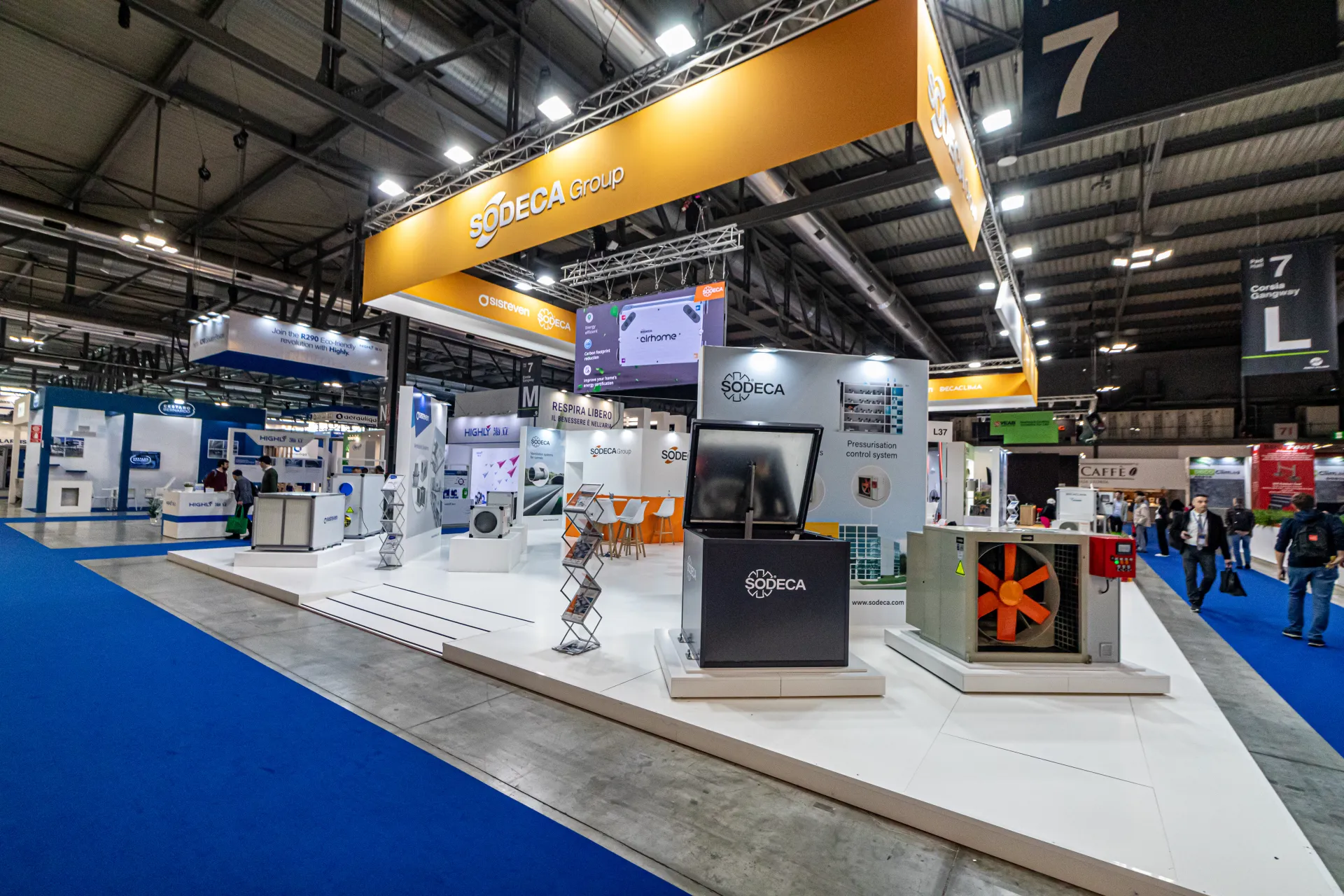 Sodeca Group stand under a large orange overhead banner in Hall 7 at MCE 2024