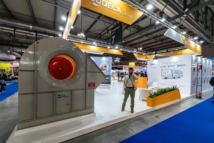 Sodeca stand with Selector and QuickFan software graphics and Marelli fan at MCE 2024