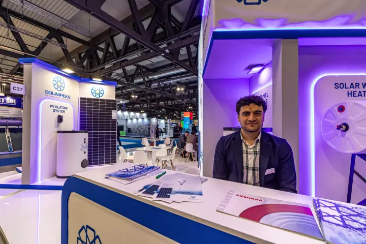 Solimpeks counter with PV heating system and solar module display at MCE 2024