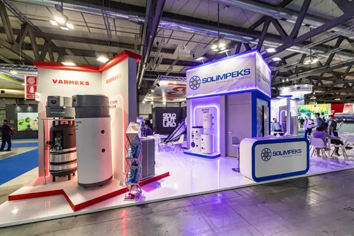 Solimpeks and Varmeks displays with DHW heat pumps and buffer tanks at MCE 2024