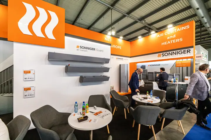 Sonniger stand fascia announcing 'AIR CURTAINS and HEATERS' at MCE 2024