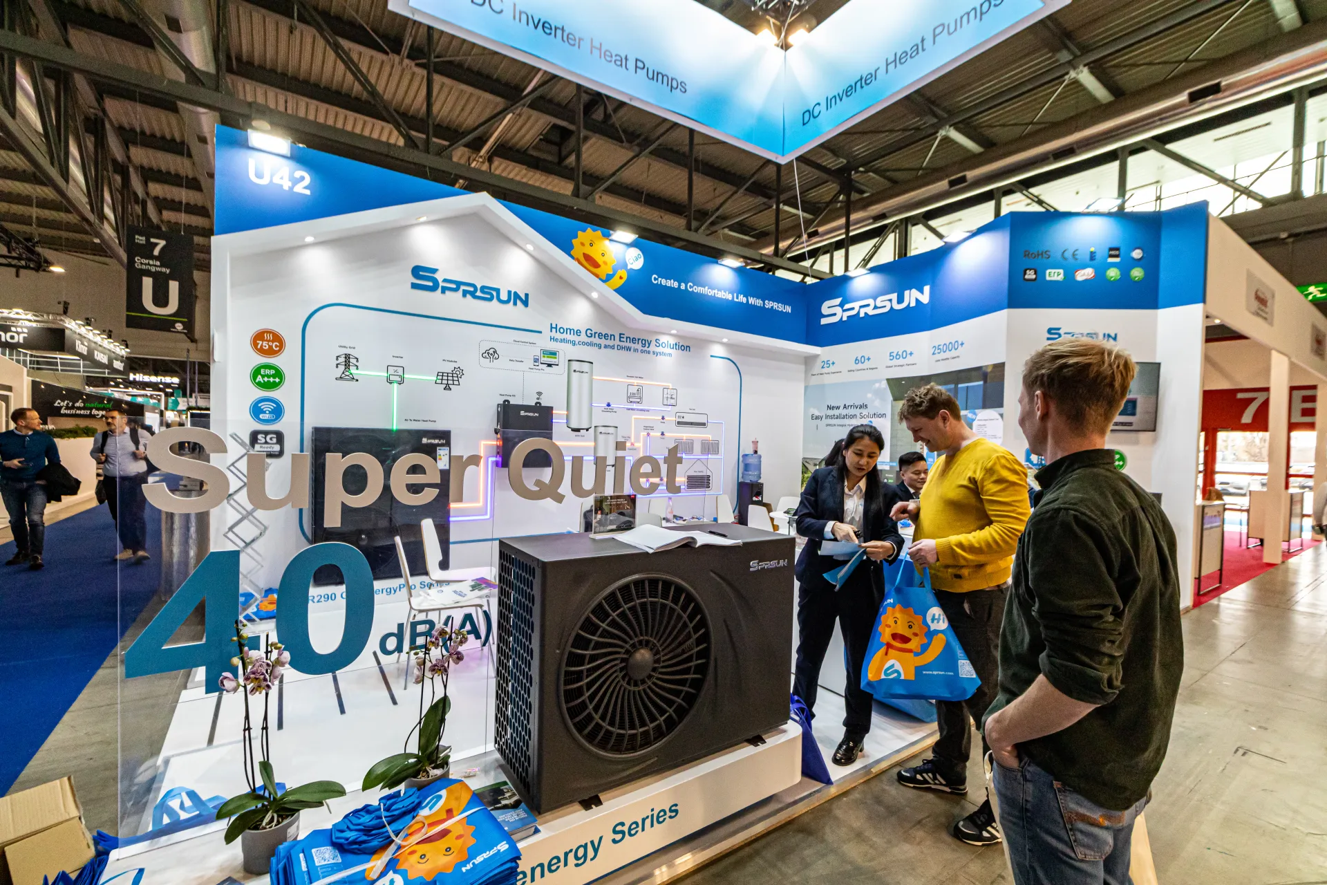 Sprsun 'Super Quiet 40 dB(A)' heat pump display at stand U42 at MCE 2024
