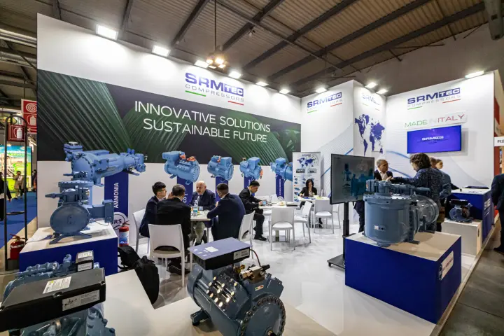 SRMTec stand with screw and reciprocating refrigeration compressors at MCE 2024