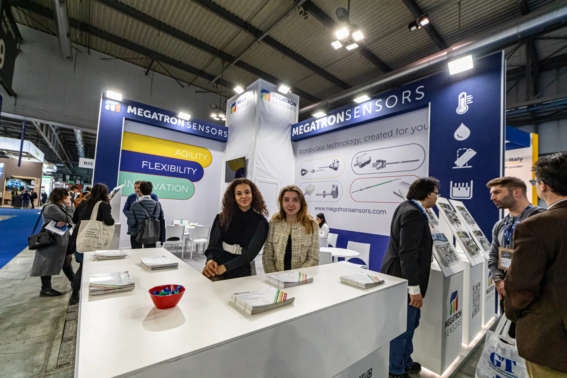 Staff at the Megatron Sensors counter with brochures and sensor displays at MCE 2024