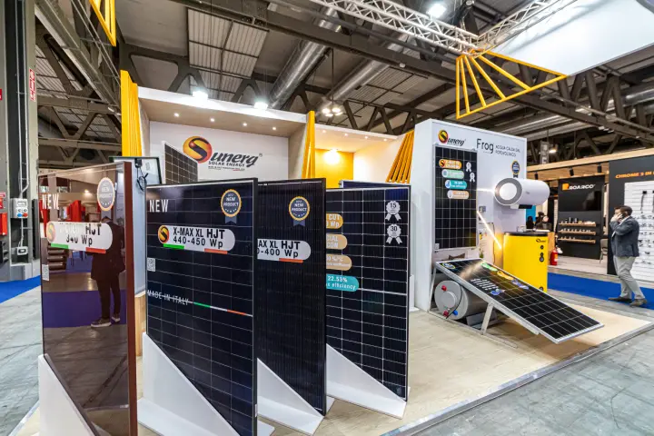 Sunerg X-MAX XL HJT solar panels and Frog PV hot water heater at MCE 2024