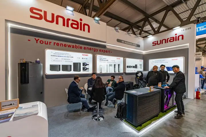 Sunrain stand with R290 monoblock heat pumps and backlit product panels at MCE 2024