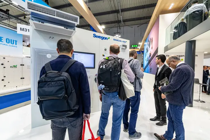 Swegon and Barcol-Air demo wall with ceiling unit and diffuser at MCE 2024