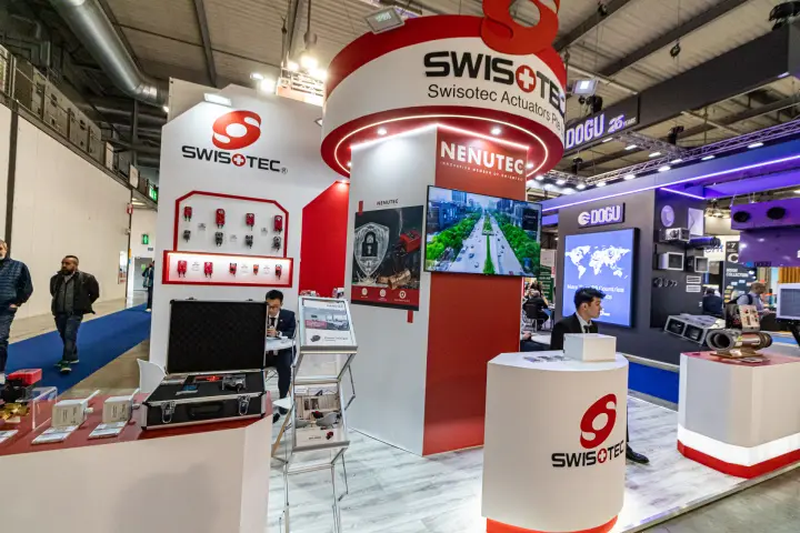 Swisotec actuator wall and Nenutec column with product samples on display at MCE 2024