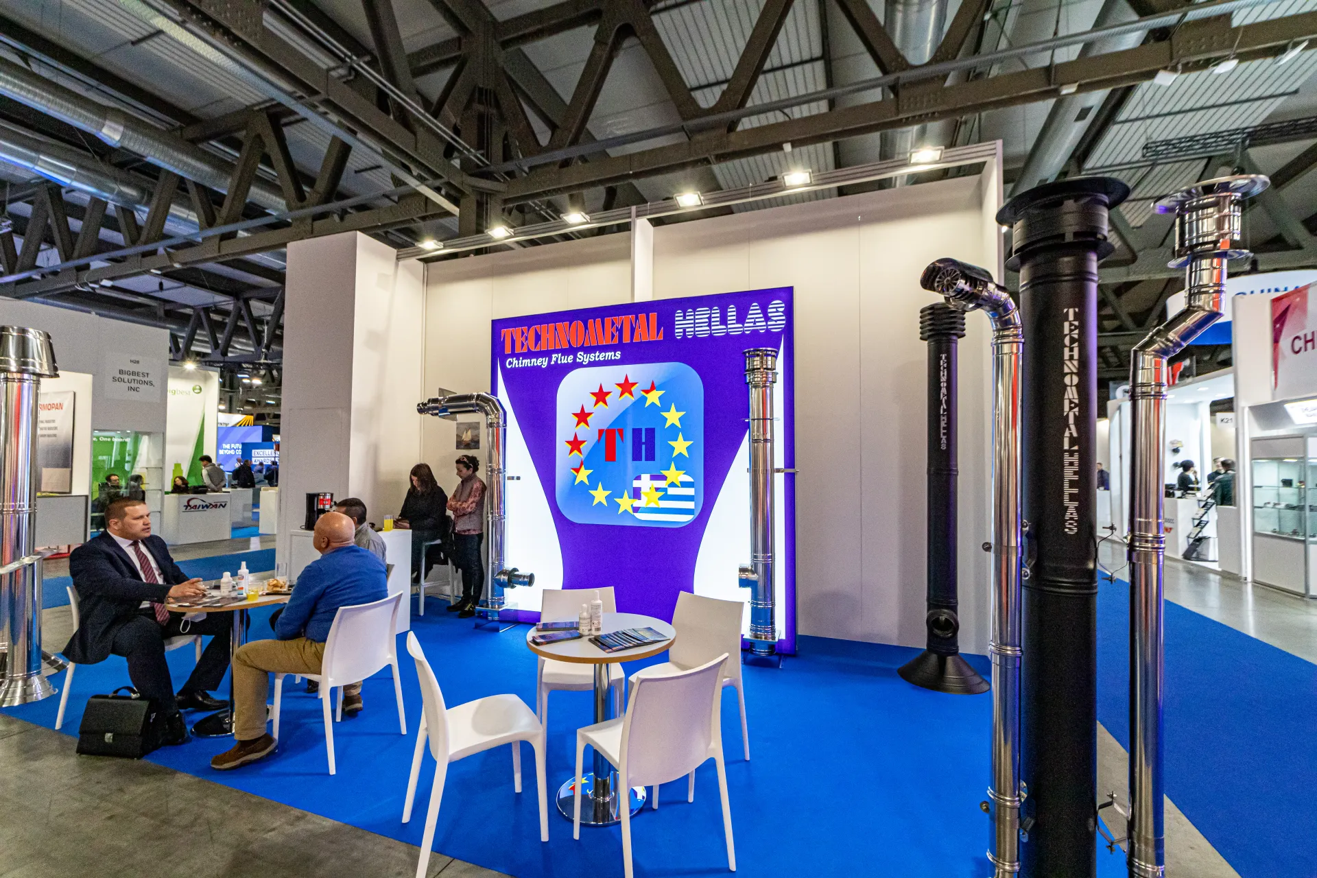 Technometal Hellas stainless and black chimney flue pipes on display at MCE 2024