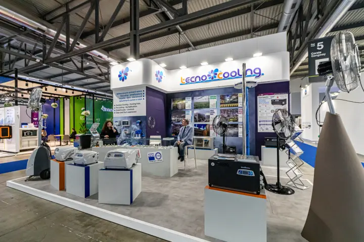 Tecno Cooling misting fans and pump units by the Hall 5 gangway at MCE 2024