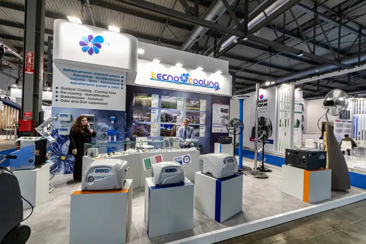 Tecno Cooling stand with misting units and cooling fans at MCE 2024