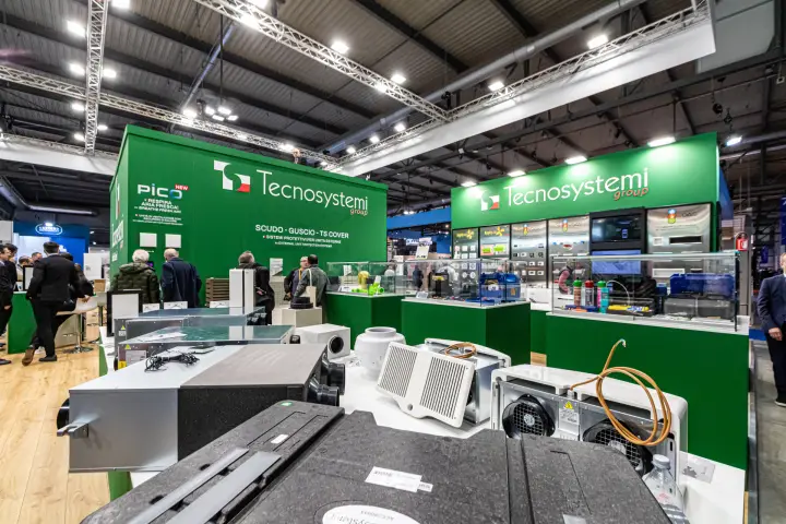 Tecnosystemi ventilation units and duct fan in front of the PICO wall at MCE 2024