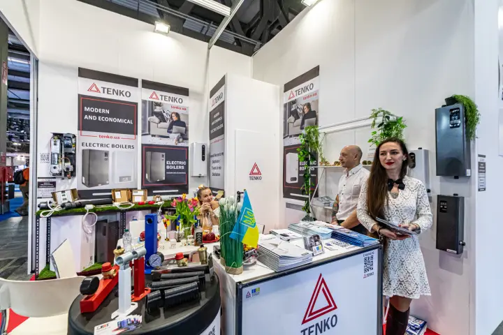 Tenko counter with hydronic fittings, brochures and wall-hung electric boilers at MCE 2024