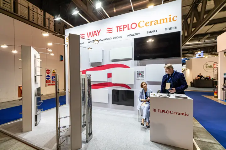 TeploCeramic stand with infrared heating panels and red wave graphic at MCE 2024