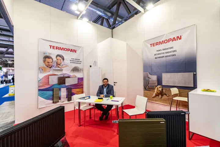 Termopan stand with panel radiators and decorative radiator banners