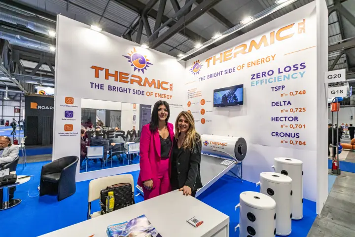 Thermic Sol stand with solar water heater and collector efficiency figures at MCE 2024