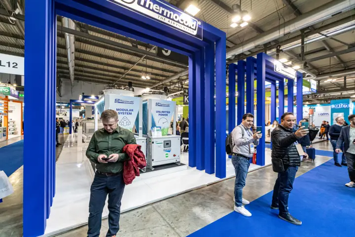 Thermocold stand framed by deep blue portals with Domino modular units at MCE 2024