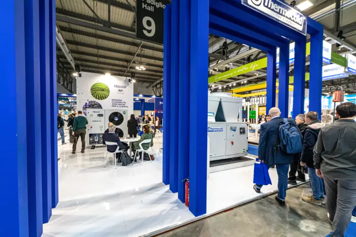 Thermocold stand in Hall 9 seen through blue portal frames at MCE 2024