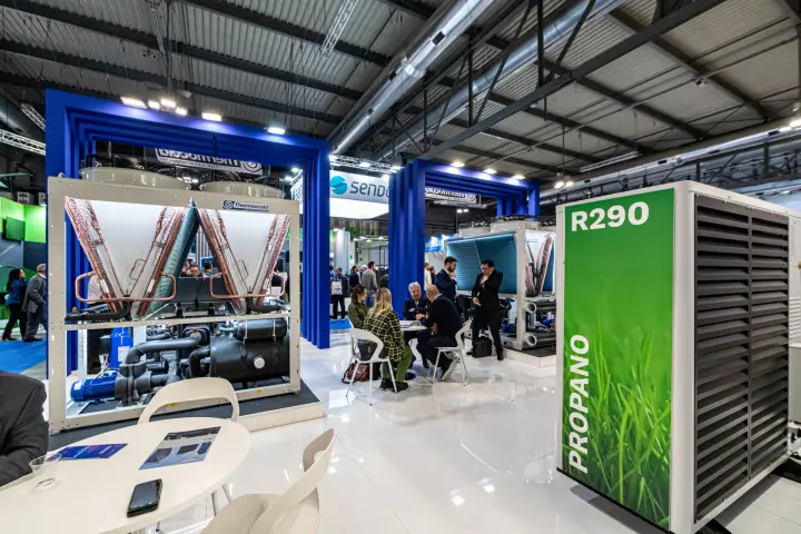 Thermocold units under deep blue portal frames, with R290 unit in front at MCE 2024