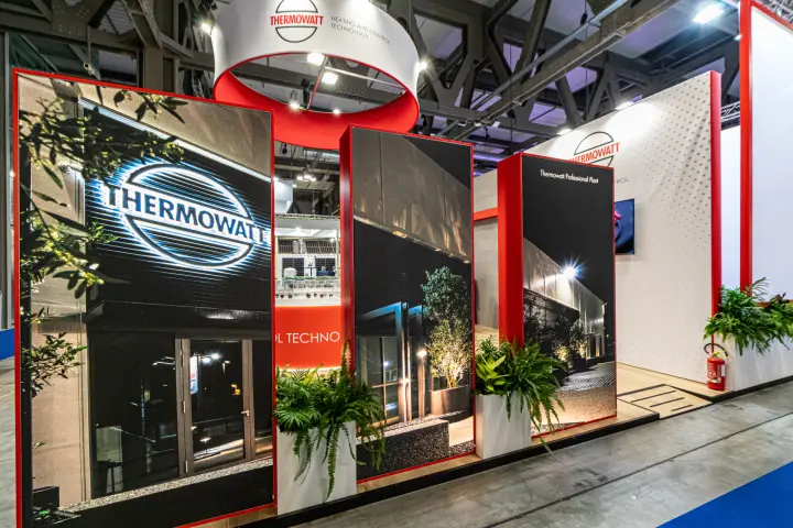 Thermowatt stand front with night-time factory photo panels