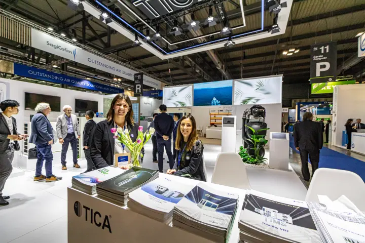 TICA counter stacked with VRF and air-cooled scroll chiller brochures at MCE 2024