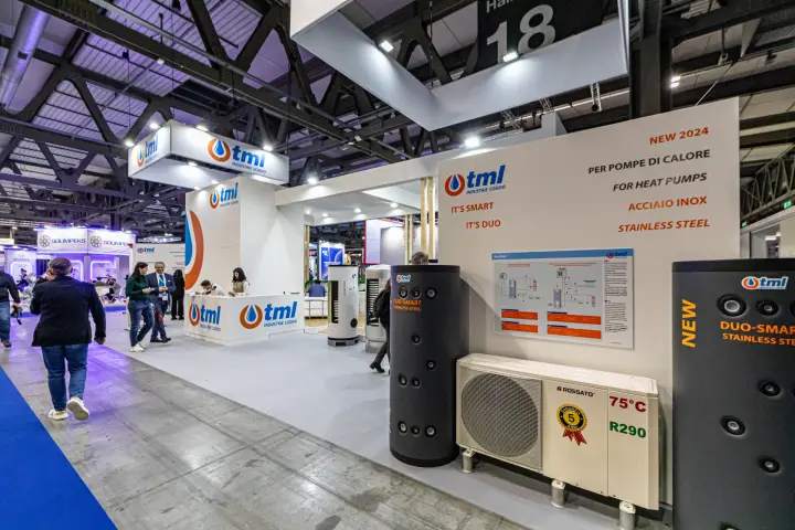 TML Industrie Loddo stand with Duo-Smart stainless steel tanks for heat pumps at MCE 2024