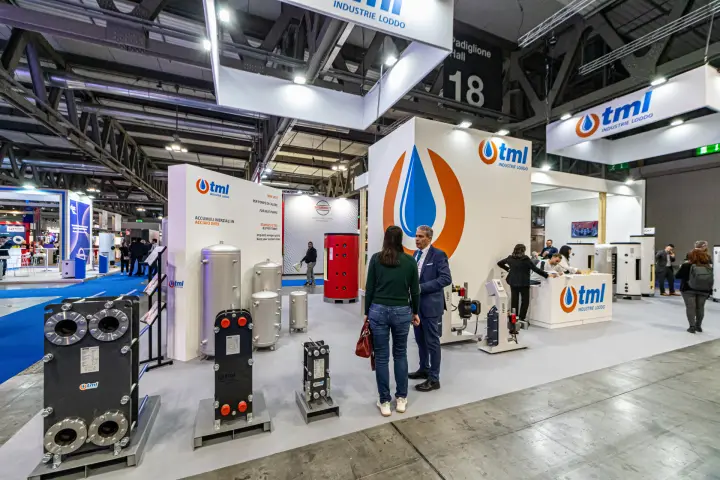 TML stand with plate heat exchangers and stainless steel buffer tanks at MCE 2024