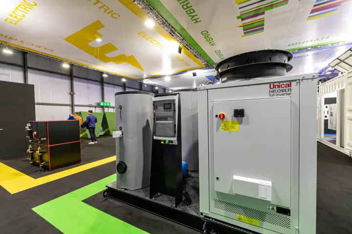 Unical HP_OWER full inverter heat pump skid with storage tank at MCE 2024