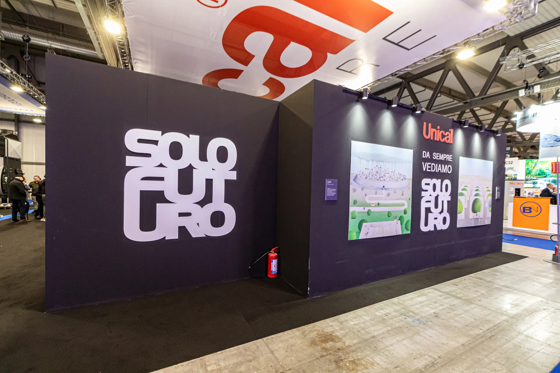 Unical stand wall with 'Solo Futuro' lettering and illustrations at MCE 2024