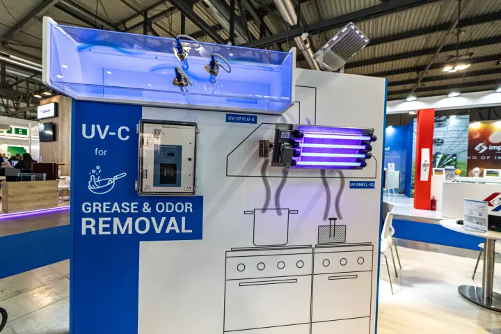 UV-C lamp modules on a kitchen hood mock-up at Light Progress at MCE 2024